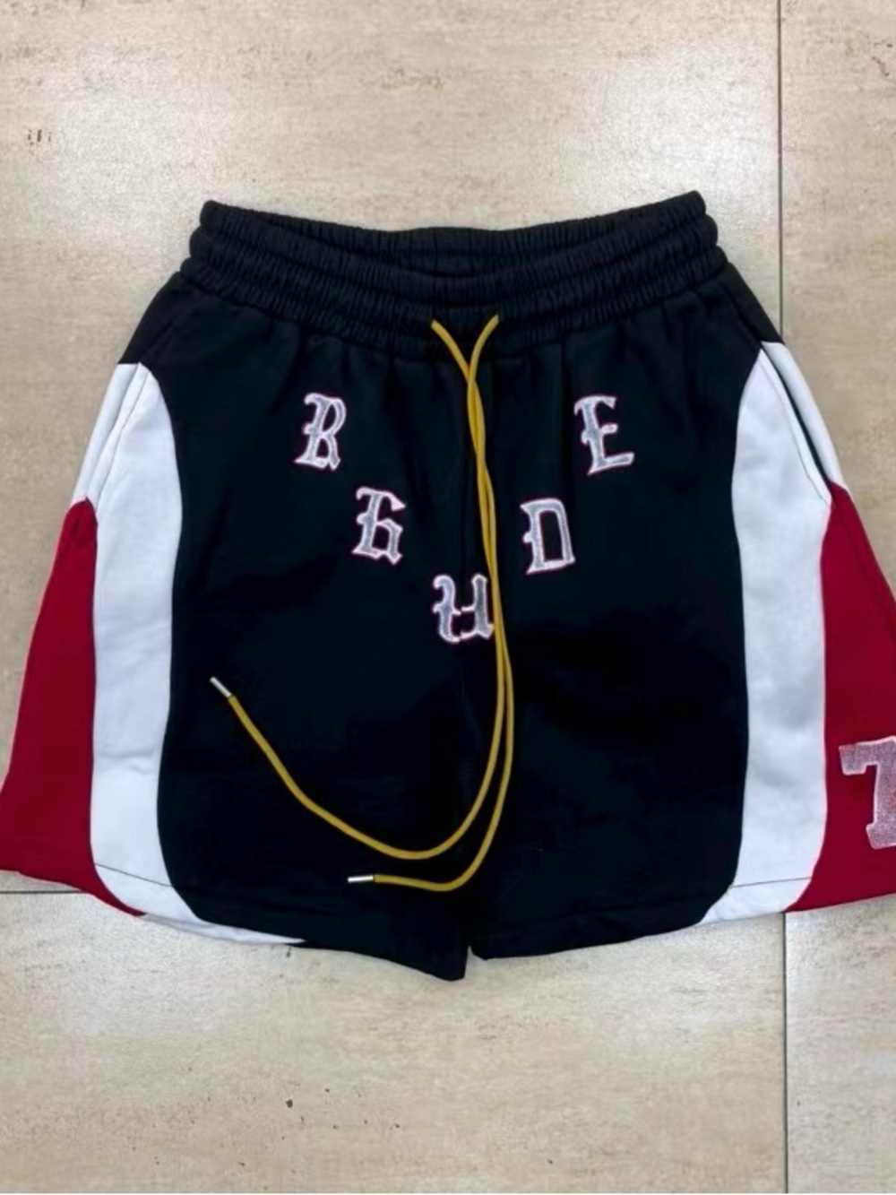 Rhude Black Red White Athletic Shorts with Yellow Drawstring